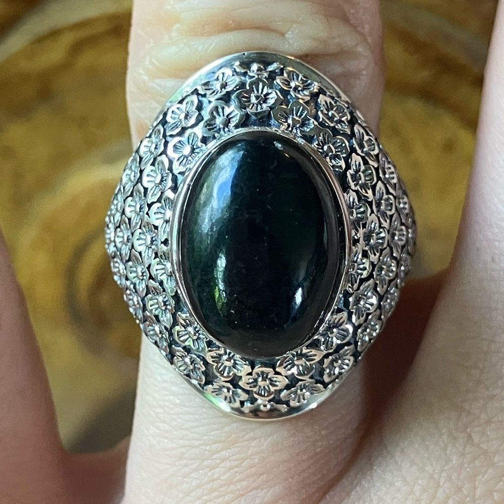 Natural Black Jade Sterling Silver Ring Size 6.25